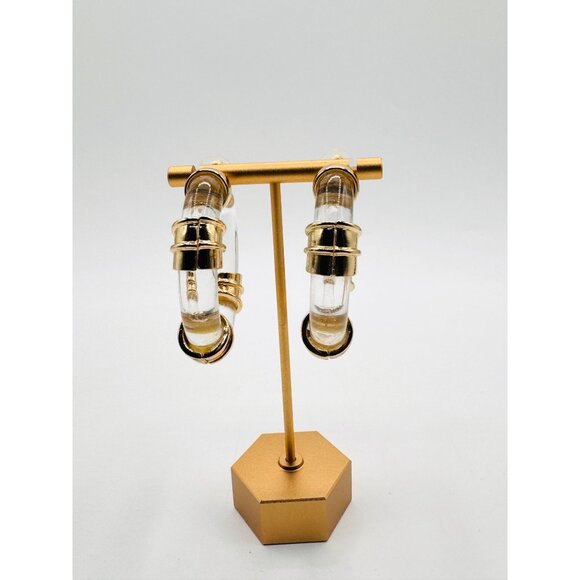 Transparent Lucite Gold Tone Metal Chunky Statement Large Hoops - Picture 2 of 4